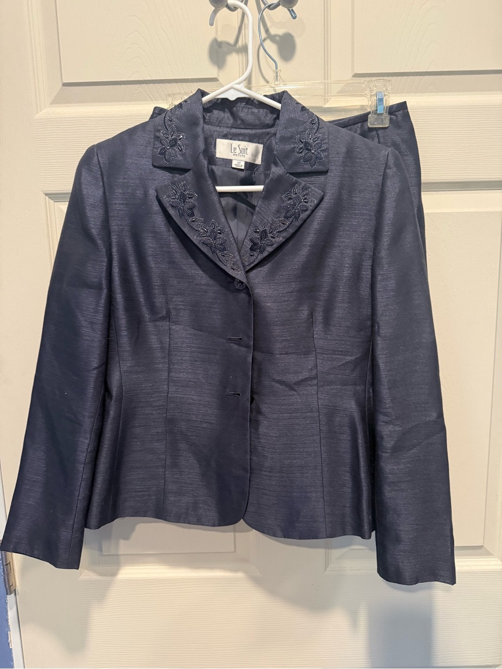 Le Suit Women's Navy Embroidered Collar Jacket and Skirt Suit Set